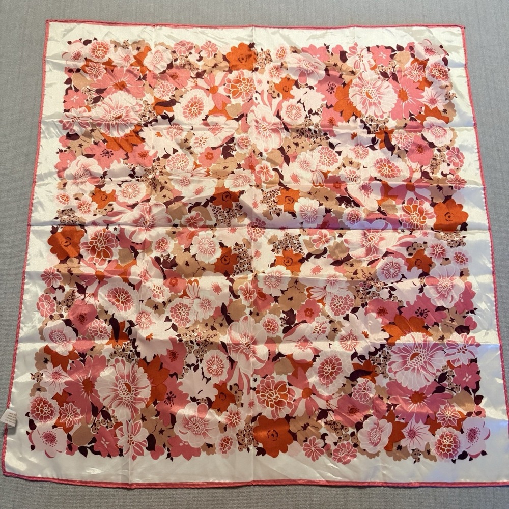 Vintage Japan Scarf 100% Acetate Twill Floral Pink Orange 26" Square Retro